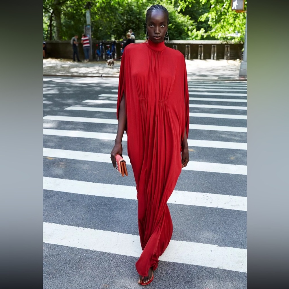 VALENTINO RUNWAY DRAPED PLEATED CRIMSON RED GOWN DRESS IT 38